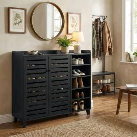 Shoe cabinet with 2 doors, 5 open compartments, and a tabletop with a back panel; made of MDF; 116*35.5*107cm; black