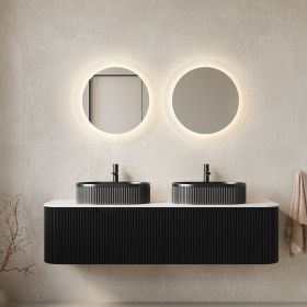 DINA 60" Bathroom Vanity with Sinks, Modern Wall-Mounted Floating Curved Edges Striped Bathroom Storage Cabinet with 2 Drawers