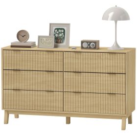 6 Drawer Double Dresser for Bedroom, Fluted Chest of Drawers with Gold Finger Pulls and 5 Wood Legs, Natural Wood