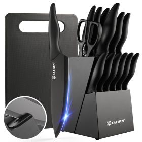 16 Pieces Kitchen Knife Block Set With Cutting Board, German Stainless Steel Knife Set With Sharpener, Dishwasher Safe, Anti-Slip Handle, 6 Steak (Option: black)