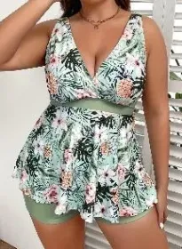 Swimsuits For Women Tropical Print V Neck Tops And Shorts Bathing Suits Two Piece Swimsuit (Option: 4xl)