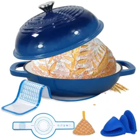 Enameled Cast Iron Dutch Oven With Lid,11" Bread Oven,6 Quart Enamel Bread Pan,Dutch Oven For Sourdough Baking-with Silicone Mat,Thick Enamel Ove (Option: Blue)