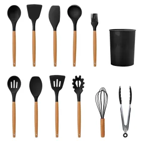 11Pcs Silicone Cooking Utensil Set Heat Resist Wooden Handle Silicone Spatula Turner Ladle Spaghetti Server Tongs (Option: black)