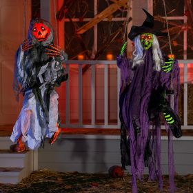 Halloween Decorations 2 Packs Hanging Ghosts Decor with Lighted Up Eyes, 3ft Scary Grim Reaper Swinging Skeleton Flying for Yard Patio Lawn Garde (Color: Pumpkin & Witch Ghost)