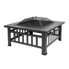 32 Inch Multifunctional Fire Pit Table  Square Metal Firepit Stove Backyard Patio Garden Fireplace For Camping, Outdoor Heating, Bonfire And Picn (Option: black)